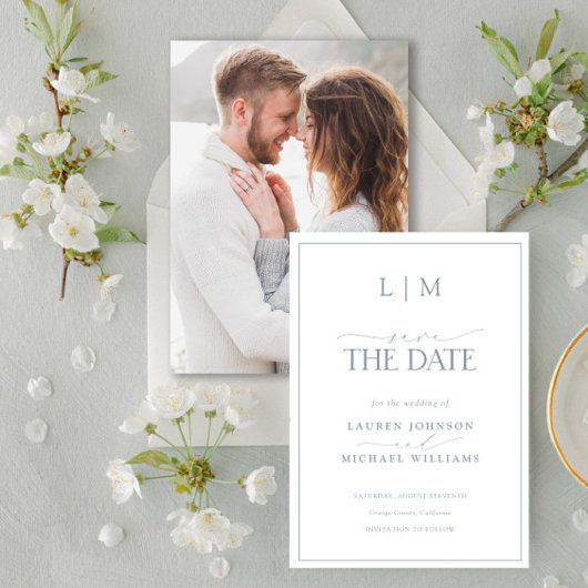 Classy Dusty Blue Elegant Monogram Fotobruiloft Save The Date