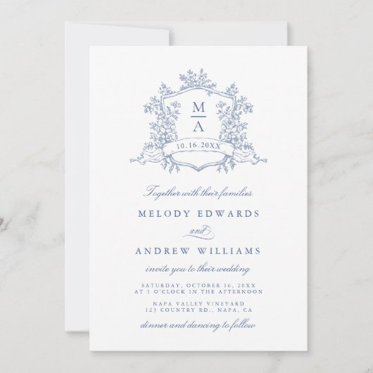 Classy Dusty Blue Floral Crest Wedding Kaart (Voorkant)