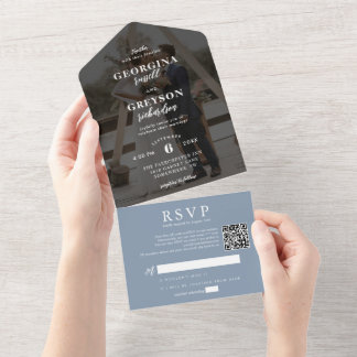 Classy Dusty Blue RSVP Foto QR Code Bruiloft All In One Uitnodiging