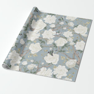 Classy Dusty Blue White Chinoiserie Bloemen Vogels Cadeaupapier
