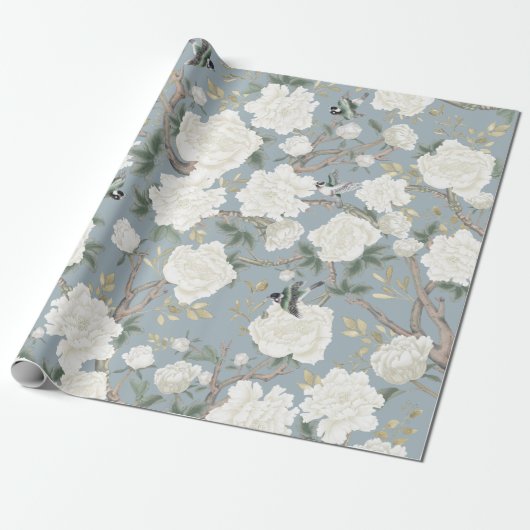 Classy Dusty Blue White Chinoiserie Bloemen Vogels Cadeaupapier (Uitgerold)