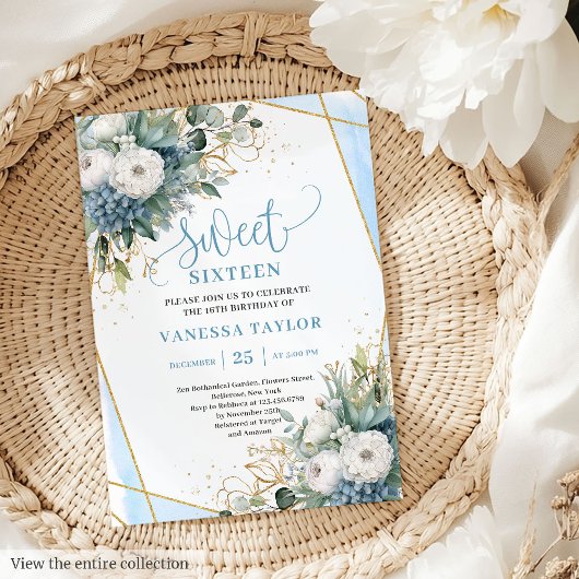 Classy Dusty Blue White Peonies Sweet 16 Invites Kaart