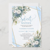 Classy Dusty Blue White Peonies Sweet 16 Invites Kaart (Voorkant)