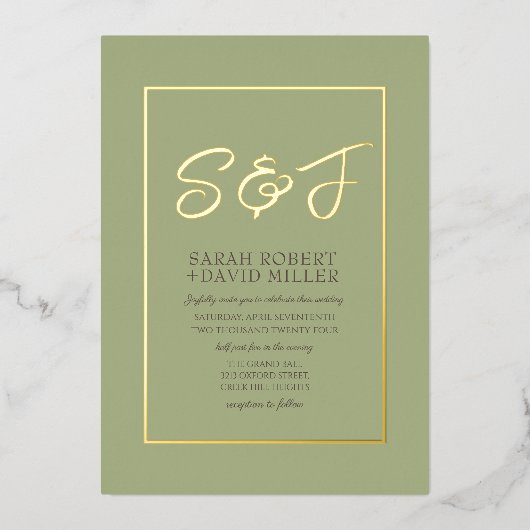 Classy Earth Tone Sage Groen Goud Lijst Foto Folie Uitnodiging (Voorkant)