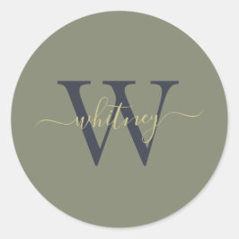 Classy Eenvoudig Monogram Naam & Initiaal Olijfgro Ronde Sticker