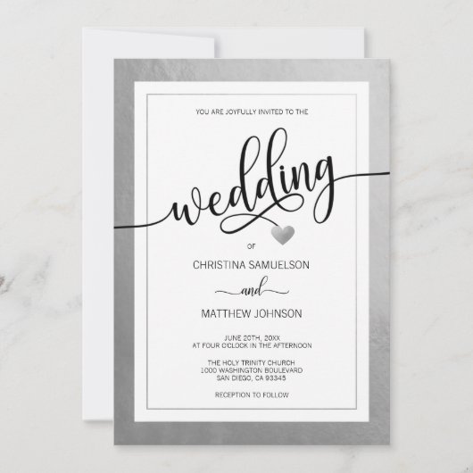 Classy eenvoudige zwart en wit hart zilveren bruil kaart (Voorkant)