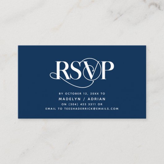 Classy Elegance, Navy Blue Script, RSVP reageert Informatiekaartje (Voorkant)