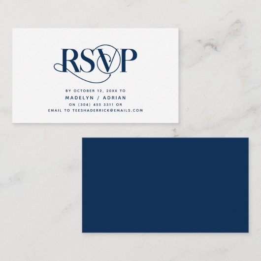 Classy Elegance, Navy Blue Script, RSVP reageren Informatiekaartje (Voorkant / Achterkant)