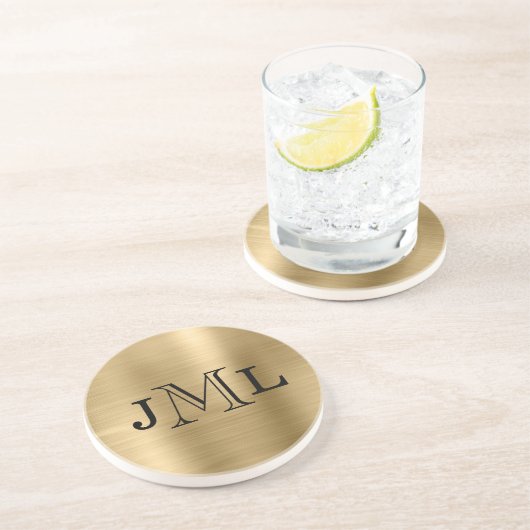 Classy Elegant 3 letters Monogram geborsteld goud Zandsteen Onderzetter (Zijkant)