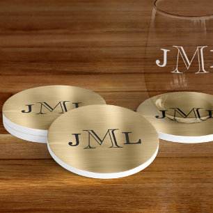 Classy Elegant 3 letters Monogram geborsteld goud Zandsteen Onderzetter