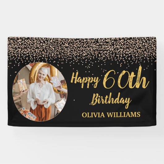 Classy Elegant 60th Birthday Black Gold Glitter Spandoek (Horizontaal)