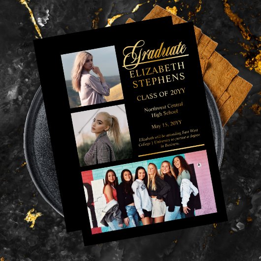 Classy Elegant Afstuderen Afstuderen 3 Foto Folie Uitnodiging