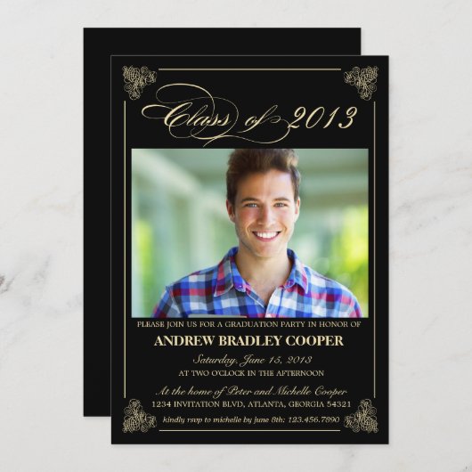 Classy Elegant Black 2013 Afstuderen Photo Invite Kaart (Voorkant / Achterkant)