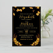 Classy Elegant Black Gold Floral Wedding Folie Uitnodiging (Staand Voorkant)