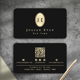 Classy Elegant Black & Gold Shiny Oval Monogram Visitekaartje