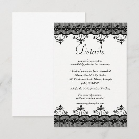 Classy Elegant Black Lace Wedding Details Informatiekaartje (Voorkant / Achterkant)