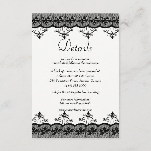 Classy Elegant Black Lace Wedding Details Informatiekaartje (Voorkant)