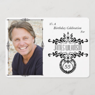 Classy Elegant Black/White Photo Birthday Invite Kaart