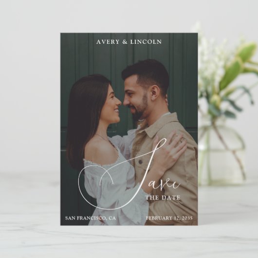 Classy Elegant Black & White Photo Script Wedding Save The Date (Staand voorkant)