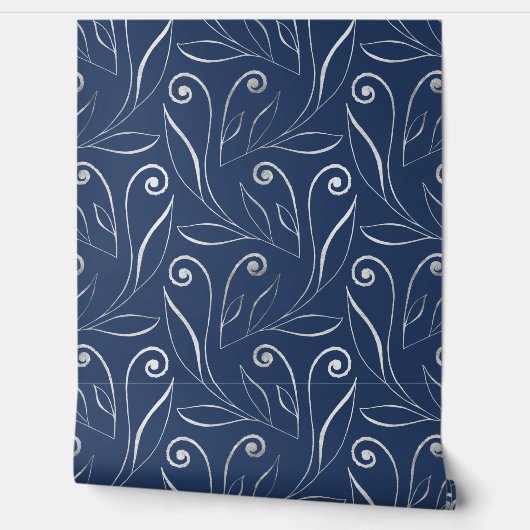 Classy Elegant Blauw & Swirls Zilver & Navy Blauw Behang (Afrollen)