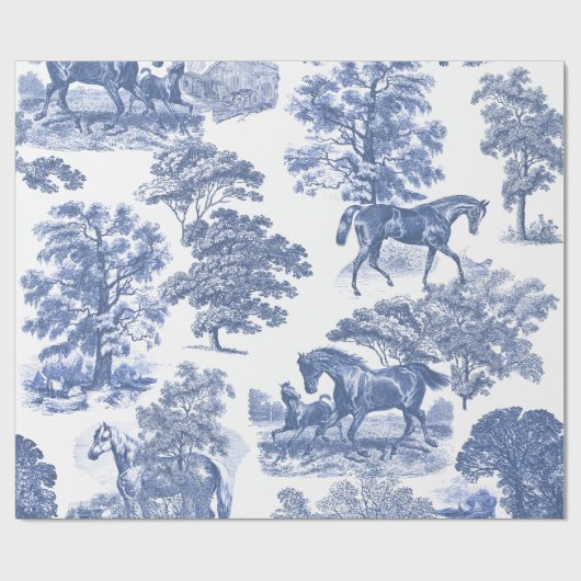 Classy Elegant Blue Horses Country Toile Cadeaupapier (Vlak)