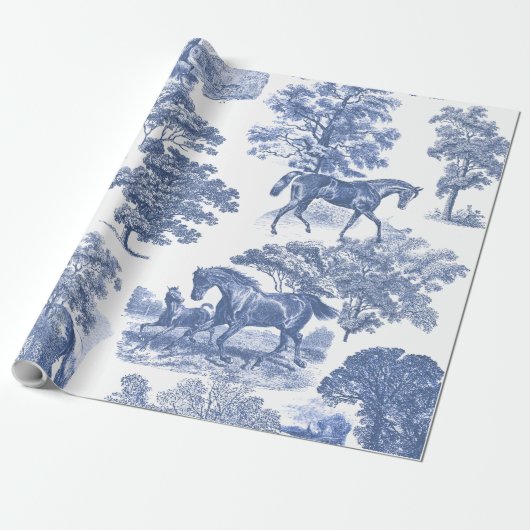 Classy Elegant  Blue Horses Country Toile Cadeaupapier (Uitgerold)