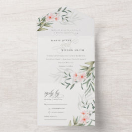 Classy Elegant Blush Greenery Floral Wedding All In One Uitnodiging