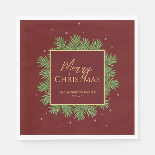 Classy Elegant Bourgogne & Goud Kerst Botanisch Servet (Voorkant)