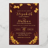 Classy Elegant Burgundy Gold Floral Wedding Folie Uitnodiging (Voorkant)