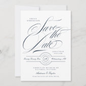 Classy Elegant Calligraphy Navy Blue Photo Save The Date (Voorkant)
