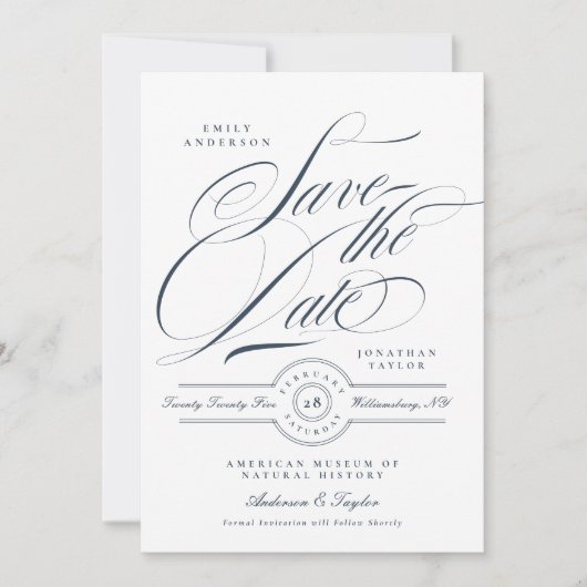 Classy Elegant Calligraphy Navy Blue Photo Save The Date (Voorkant)