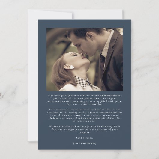 Classy Elegant Calligraphy Navy Blue Photo Save The Date (Achterkant)