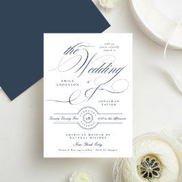 Classy Elegant Calligraphy Navy Blue Wedding Kaart