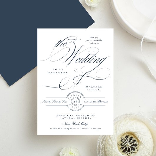 Classy Elegant Calligraphy Navy Blue Wedding Kaart