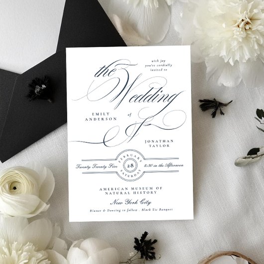 Classy Elegant Calligraphy Navy Blue Wedding Kaart