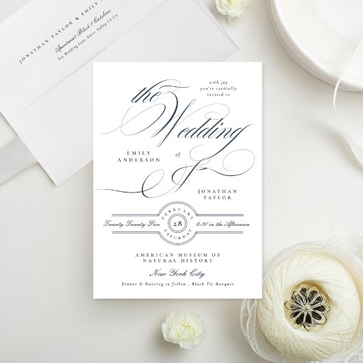 Classy Elegant Calligraphy Navy Blue Wedding Kaart