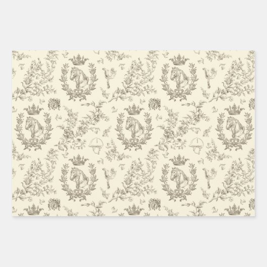 Classy Elegant Chic Beige Cream Equestrian Toile Inpakpapier Vel (Voorkant 3)