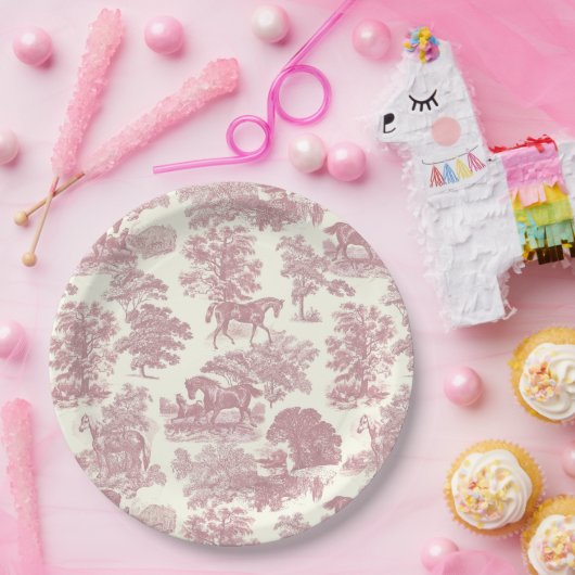 Classy Elegant Chique Roze Paarden Country Toile Papieren Bordje (Feest)