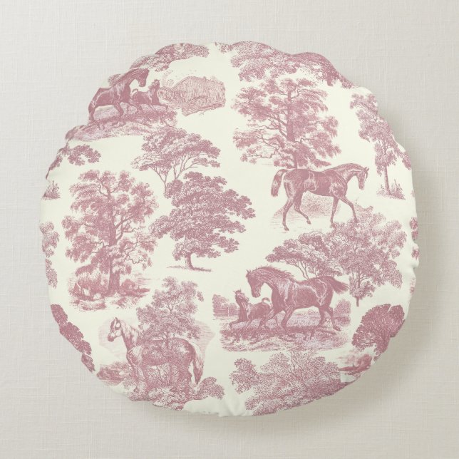 Classy Elegant Chique Roze Paarden Country Toile Rond Kussen (Voorkant)