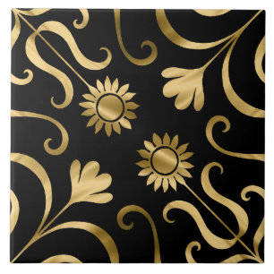 Classy Elegant Floral Damask Black Gold Sunflower Tegeltje