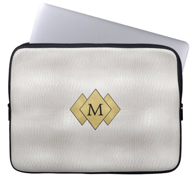 Classy Elegant Gepersonaliseerd Faux Wit Leder Laptop Sleeve (Voorkant)