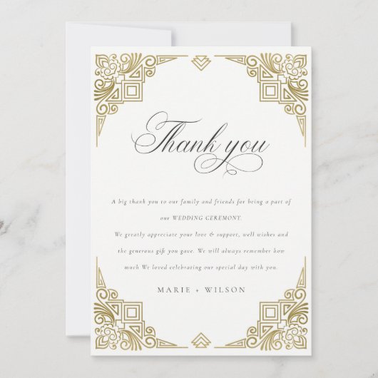 Classy Elegant Glam Gold Art Deco  huwelijk Bedankkaart (Voorkant)