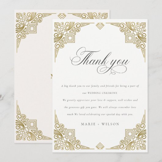 Classy Elegant Glam Gold Art Deco  huwelijk Bedankkaart (Voorkant / Achterkant)