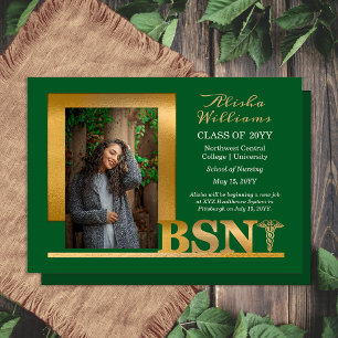 Classy Elegant Gold BSN Caduceus Foto Dk Green Aankondiging