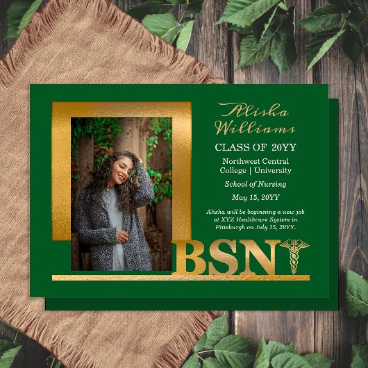 Classy Elegant Gold BSN Caduceus Foto Dk Green Aankondiging