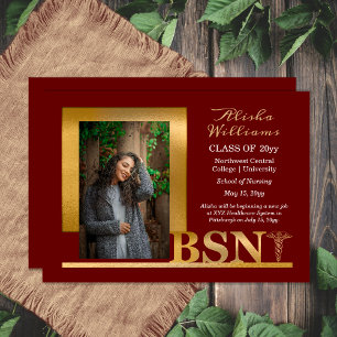 Classy Elegant Gold BSN Caduceus Photo Maroon Aankondiging