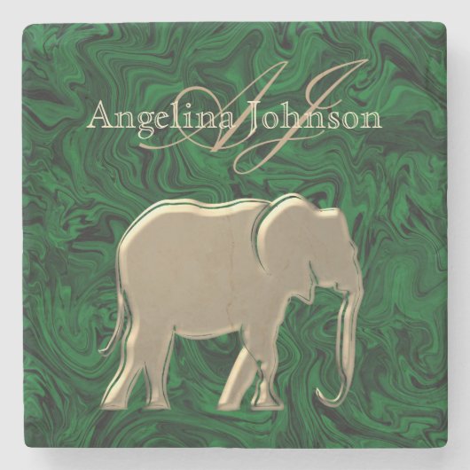 Classy Elegant Gold Elephant Green Marble Monogram Stenen Onderzetter (Voorkant)