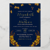 Classy Elegant Gold Floral Navy Blue Wedding Folie Uitnodiging (Voorkant)