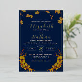 Classy Elegant Gold Floral Navy Blue Wedding Folie Uitnodiging (Staand Voorkant)