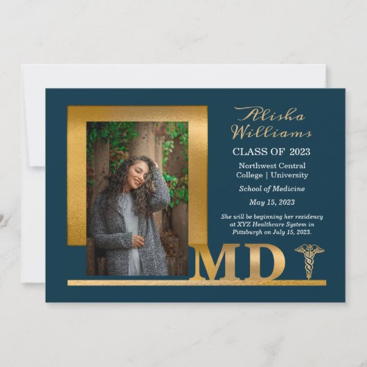 Classy Elegant Gold MD Caduceus 1 Foto Dk Blauwgro Aankondiging (Voorkant)